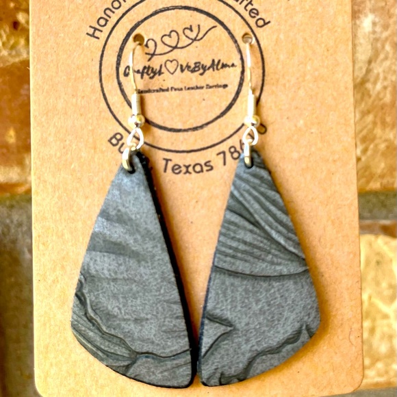 Hand Crafted Jewelry - Parallelogram Grey Flower-Textured Faux Leather Earrings | Handmade | Irregular